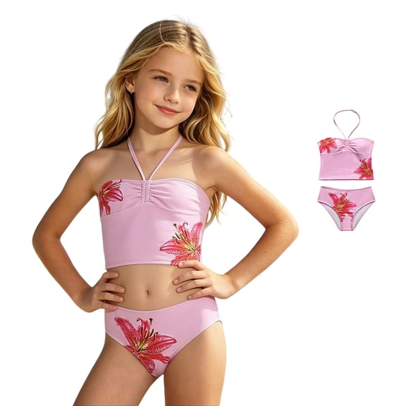 XINXIAOO Girls Halter Tankini Two Piece Swimsuit Pink Floral Print Quick Dry Bathing Suit Summer Swimwear for Kids Girls 12-13 Years