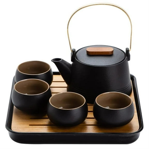 Tea Cup Set Kung Fu Home Tea Set Office Travel Teaware Good Gifts Japanese Style Black Pottery Beam Teapot Tea Set One Pot Four Cups With Bag Teapots & Coffee Servers Travel Tea Set