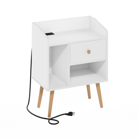 Furinno Claude Mid Century Style End Table, Side Table with USB and Type-C Charging Station, White