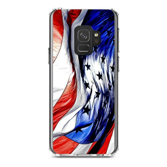 DistinctInk Clear Shockproof Hybrid Case for Samsung Galaxy S9 (5.8" Screen) - TPU Bumper, Acrylic Back, Tempered Glass Screen Protector - Red White Blue United States Flag Waving - America