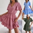 thumbnail image 2 of Tumotour Summer Dress for Women Homecoming Dresses Shirt Dress for Women Mini Dress Fashion Women's Summer Casual Slim V-shaped Short-sleeved Solid Color Dress, 2 of 8