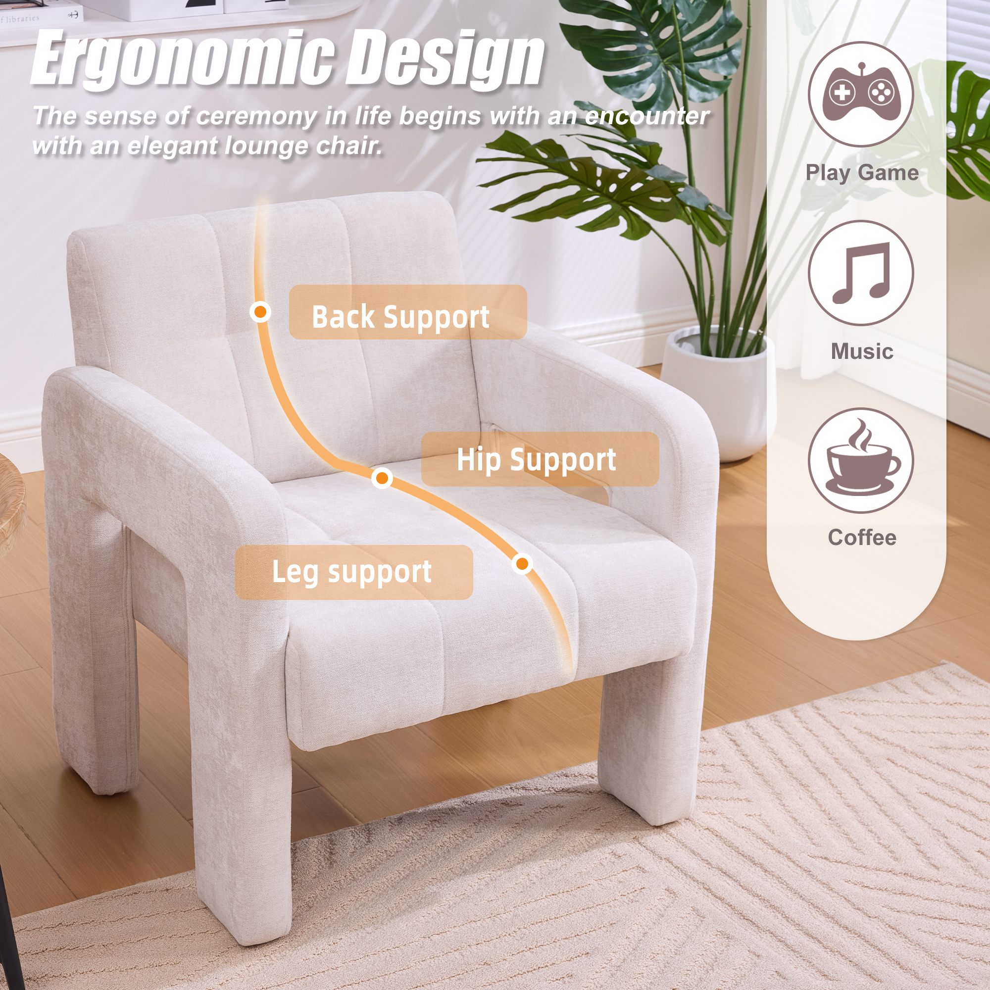 MOONMISS Chenille Upholstered Tufted Comfortable Wood Frame Single Armchair-Beige