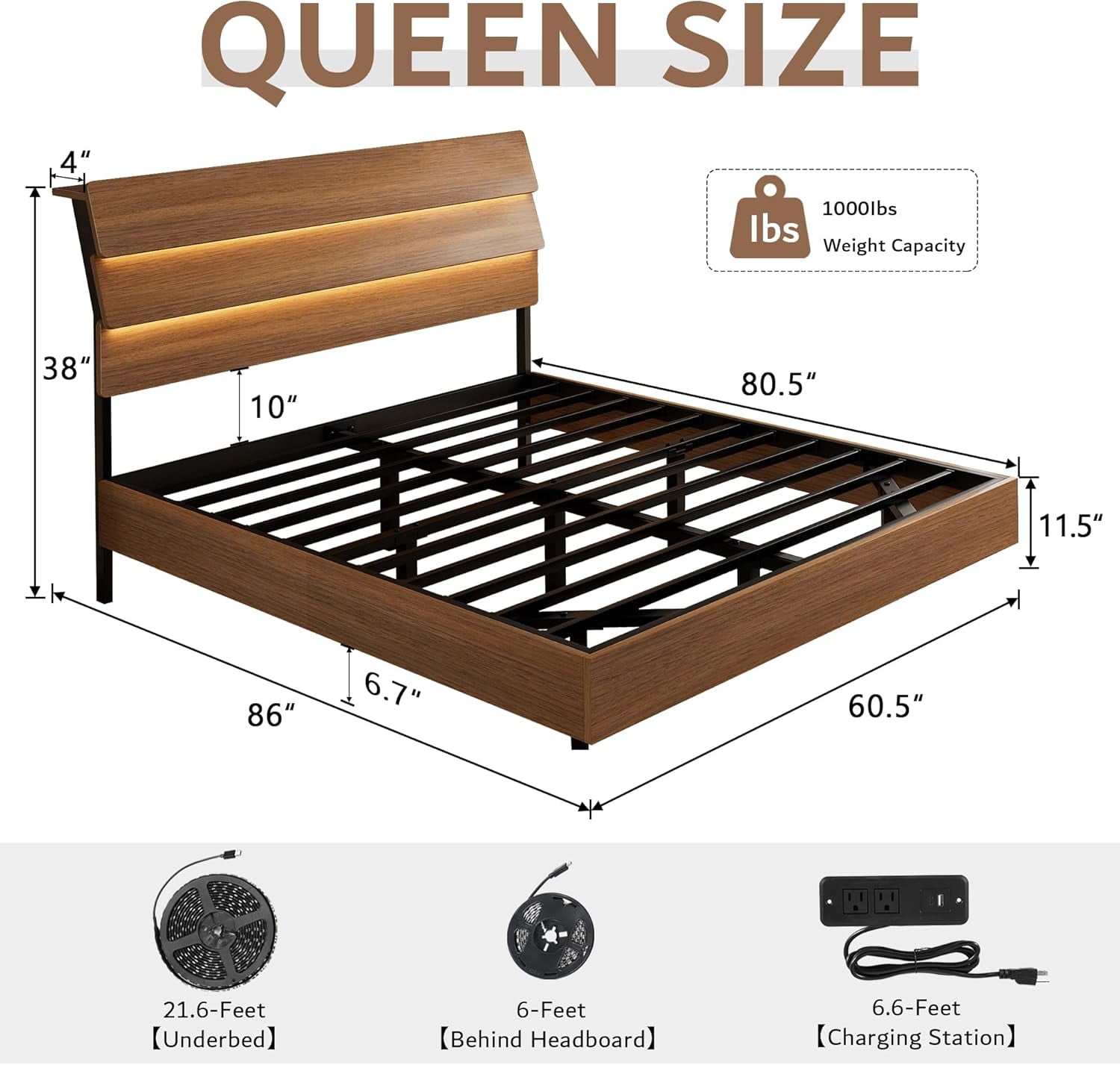 Honfach Full Floating Bed Frame with LED Lights & Charging Station, Platform Bed with Wooden Storage Headboard, Steel Slats Support, No Box Spring Needed, Easy Assembly, Noise-Free,Walnut