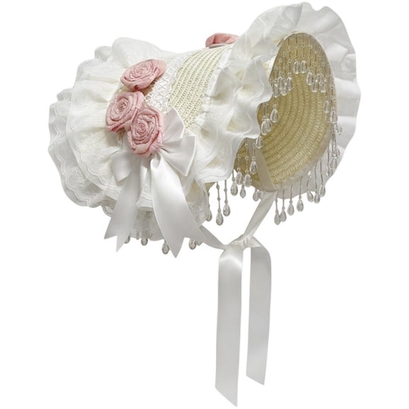 Slccxzc Sweet Lolita Hat with Tassels and Lace Decor Victorian Hat Self-Tied Headscarf for Tea Party