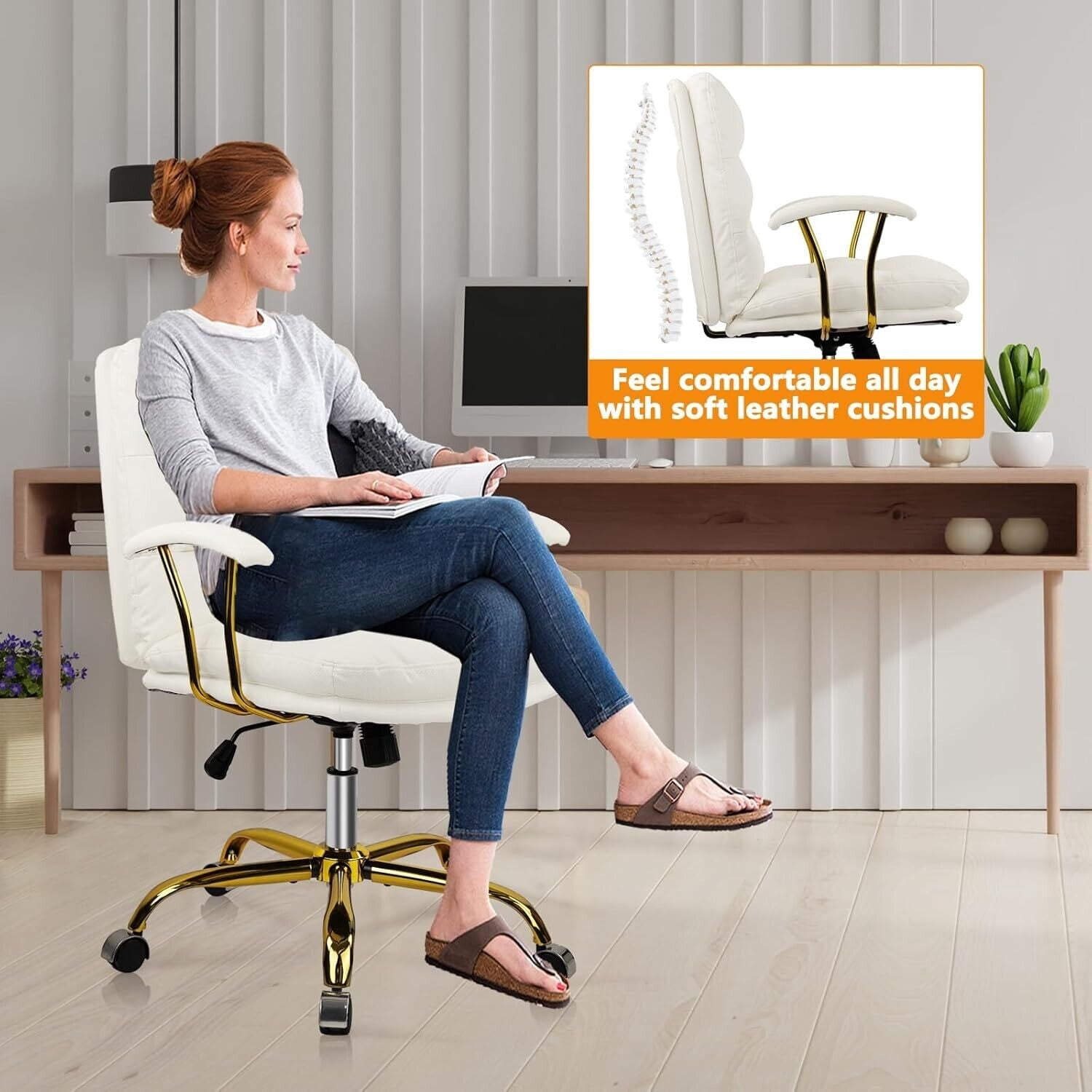 Ergonomic Home Office Desk Chair Comfortable Leather Computer Chairs for Bedroom