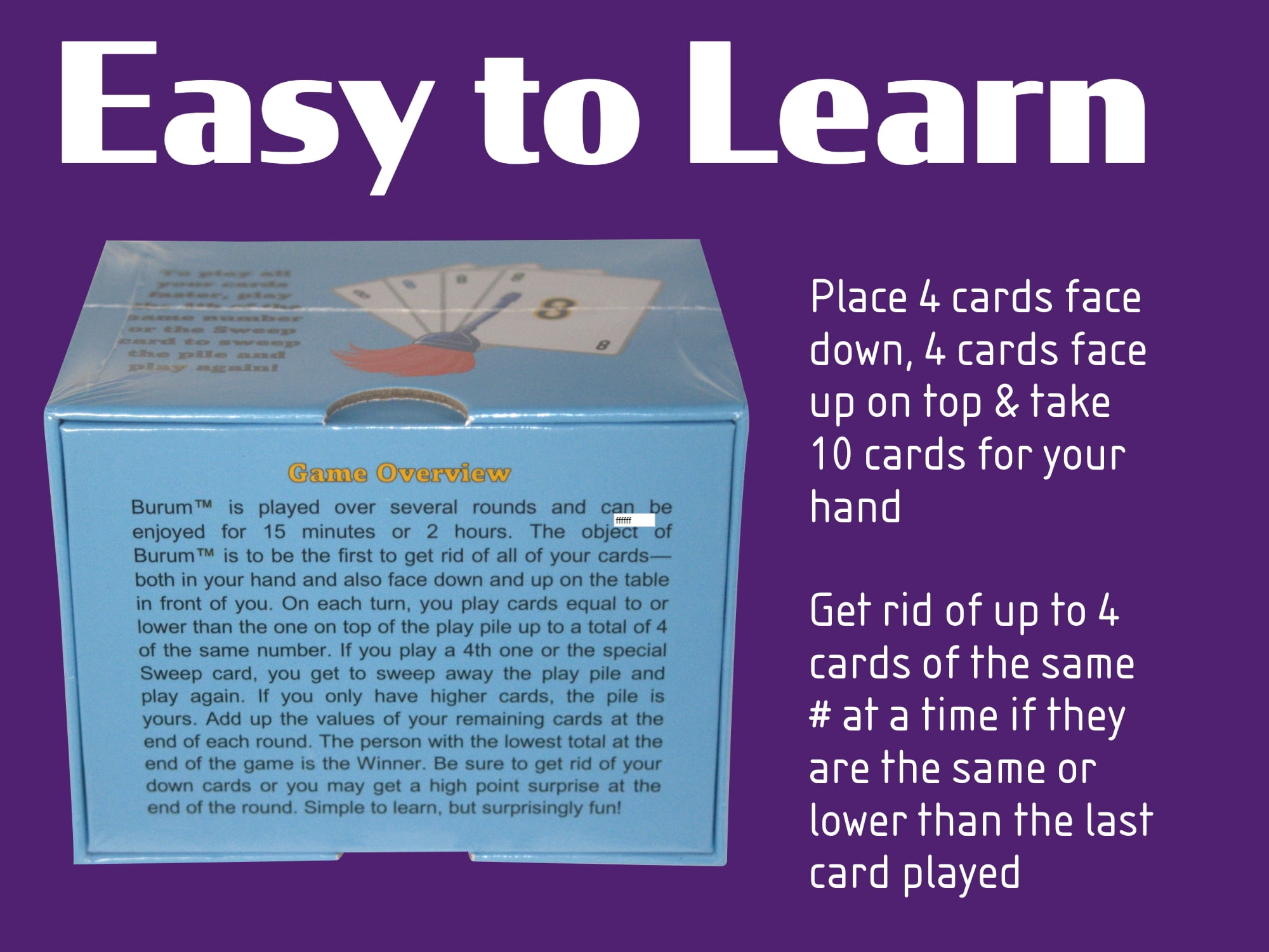 Burum: Makes Sweeping Fun, An Easy to Learn and Play Card Game for Small and Large Groups of 3-12 Players of Family and Friends, Ages 8 and Up