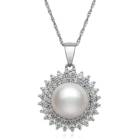 11-11.5mm Button Cultured Freshwater Pearl and CZ Sterling Silver Box Chain Pendant, 18