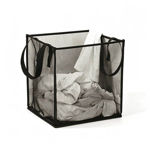Collapsible Mesh Laundry Hamper, Square Polyester Mesh Clothes Storage Basket with Carry Handles, Breathable Foldable Dirty Clothes Organizer for Bedroom & Bathroom