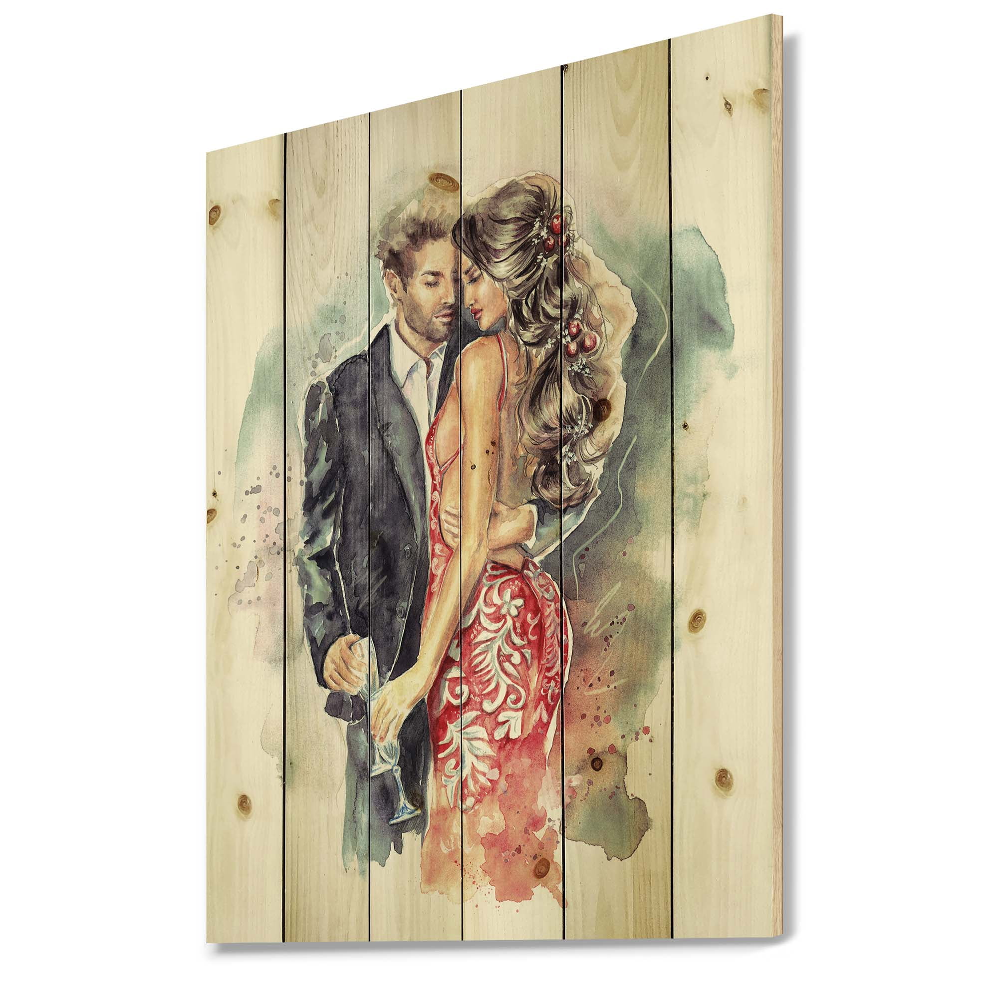 Designart 'Romantic Couple Ith Champagne Glasses At New Year Party' Traditional Print on Natural Pine Wood