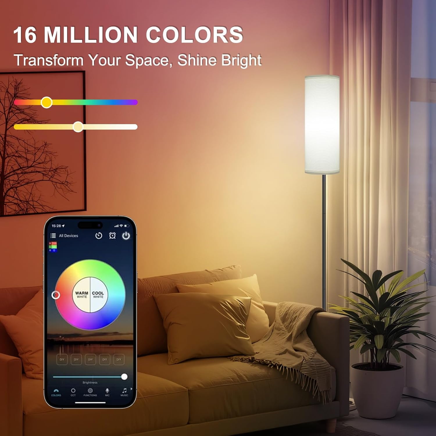 2 Pack Floor Lamps for Living Room, Dimmable Colors Temperature & Brightness, Modern Floor Lamp with Remote, Tall Standing Lamps for Living Room Bedroom Office, White
