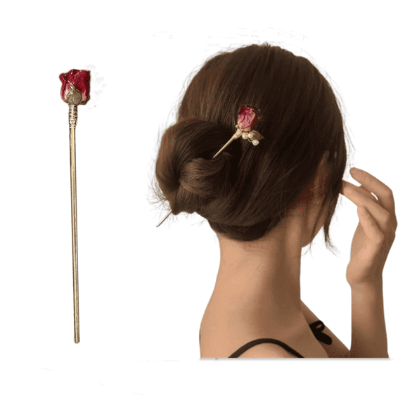 French Hair Pins with Dried Flower and Rose Bead - Gold Chignon Hairpin for Women, Elegant Hairstick Metal Hairchopsticks for Girls