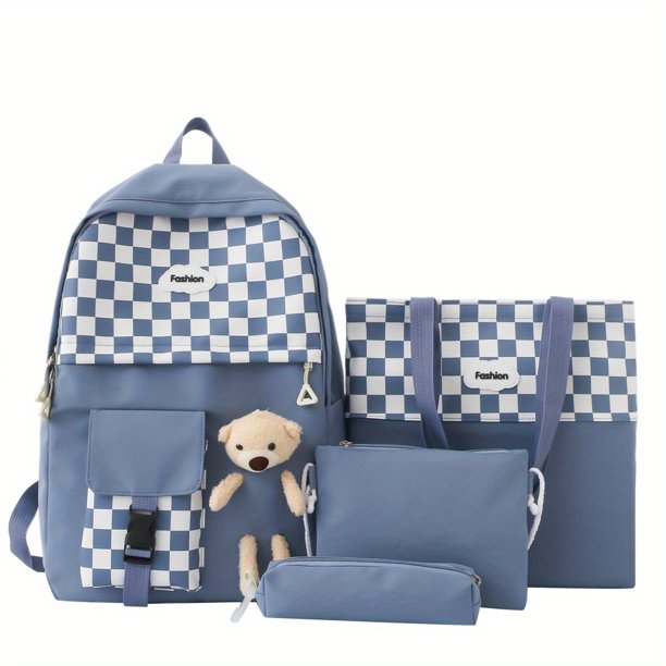 Juego De 4 Piezas De Mochila Con Diseño De Tablero De Ajedrez, Mochila De Viaje Kawaii Preppy Con Bolso De Mano, Bandolera, Estuche Para Lápices
