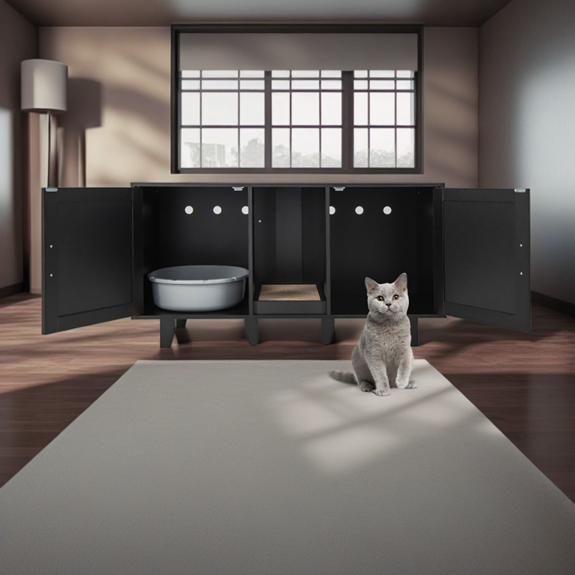 Pefilos 47" Litter Box Enclosure for 2 Litter Boxes, Hidden Cat Washroom with 2 Cabinet House, Scratching Board, Indoor Cat Litter Furniture, Black
