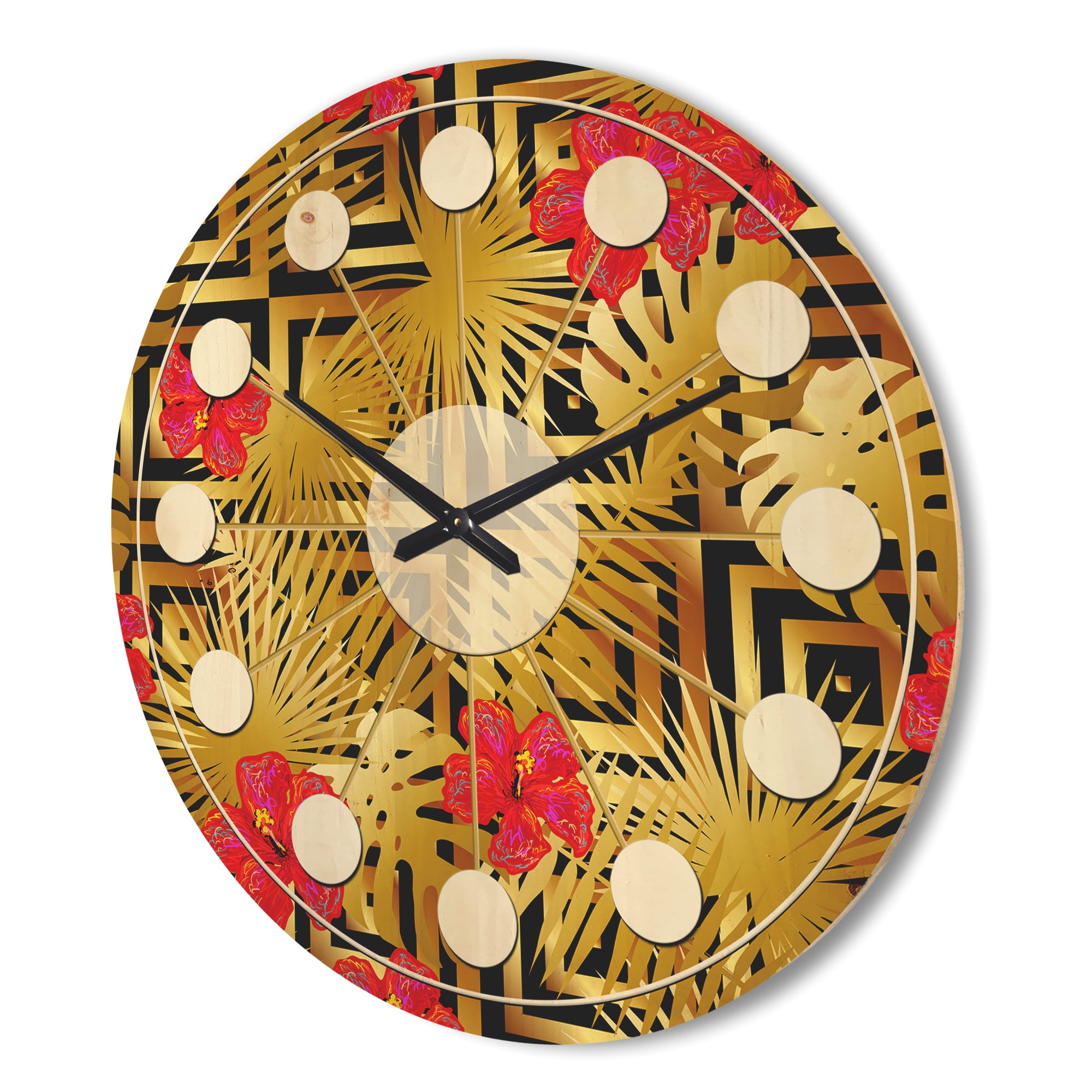 Designart 'Tropical Luxury Gold Pattern I' Mid-Century Modern Wood Wall Clock