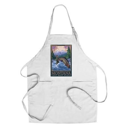 Montana, Last Best Place - Angler Fly Fishing Scene (Leaping Trout) - Lantern Press Original Poster (Cotton/Polyester Chef's (Best Lens Color For Fly Fishing)