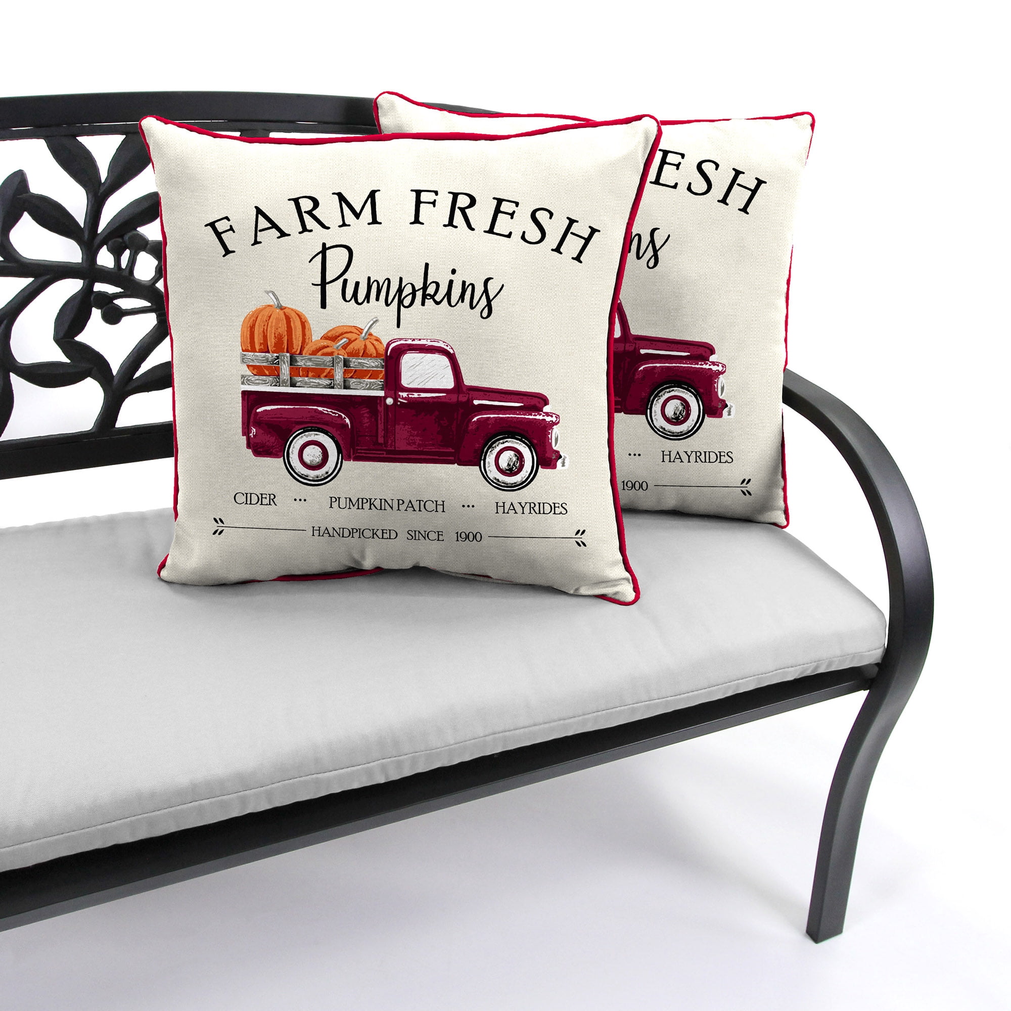 Jordan Manufacturing 16" x 16" Farm Fresh Pumpkins Cream Truck Square Outdoor Throw Pillow with Welt