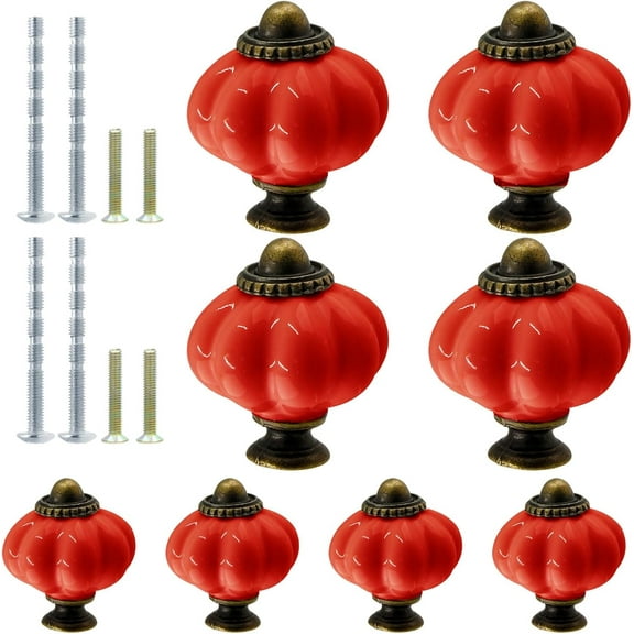 8pcs Ceramic Pumpkin Knobs - Red, Vintage & Retro Cabinet & Dresser Knobs for Vanity, Closet, Cupboard & Furniture