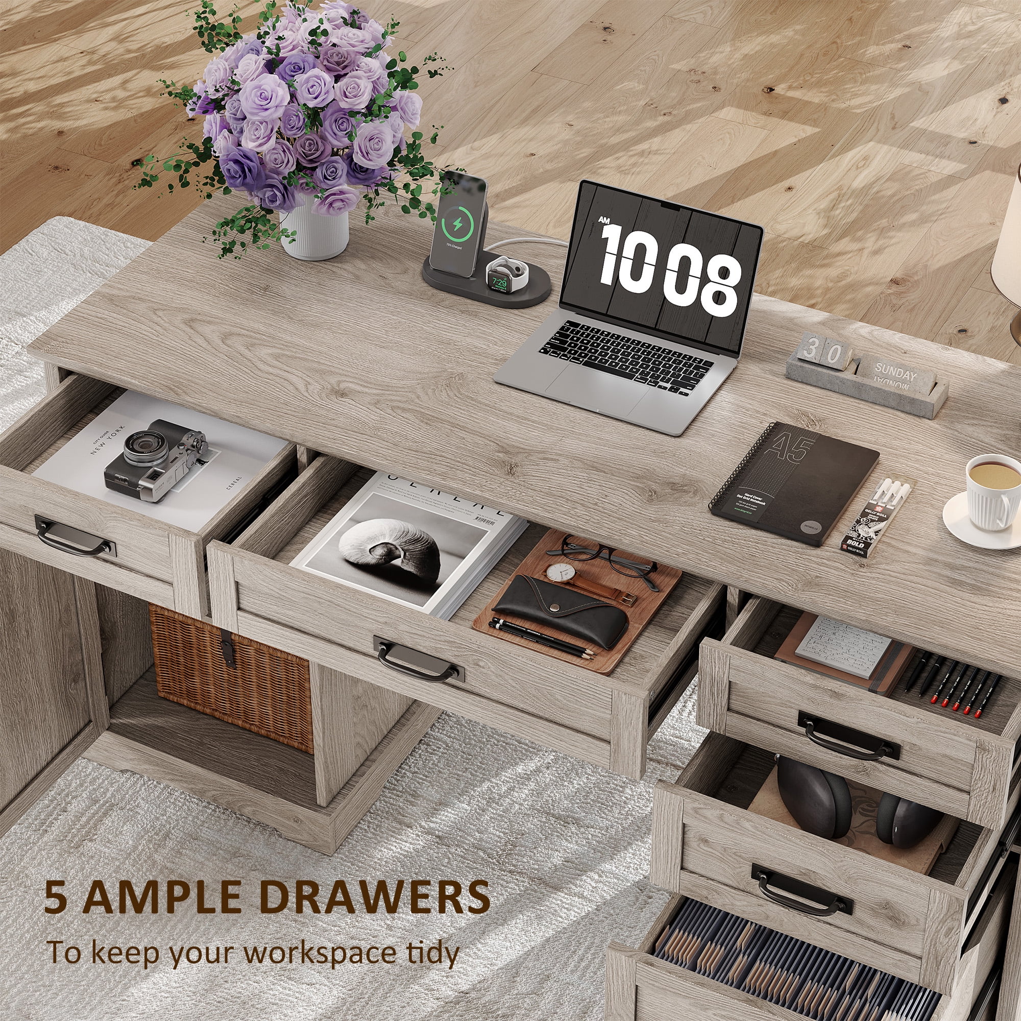 Executive Desk with File Drawers, 55'' Farmhouse Desk Modern for Adult Home Office, Wash Gray