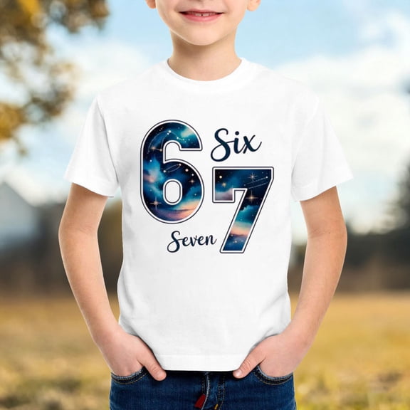 Kids T-Shirts 6 7 Six Seven Letter T-Shirts Comfortable Boys Summer Short Sleeve T Shirt Loose Fit Tee With Digital Number Print Round Neck Top For Kids White 120(5-6 Years)