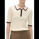 thumbnail image 1 of Camiseta de Corta con Cuello en V para Mujer, Suéter Informal de Punto Acanalado Ajustado Crema M, 1 of 10