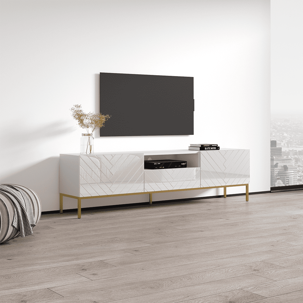 Gala 01 TV Stand for TVs up to 85", Mid-Century Modern High Gloss 75" Entertainment Center, TV Media Console with Storage Cabinets
