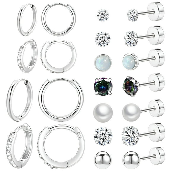 DESIGNICE 2026 New Surgical Steel Flat Back Earrings Set for Multiple Piercing Sensitive Ears,Sterling Silver Hypoallergenic Small Cartilage Huggie Hoop Earrings Titanium Tiny Cz Pearl Opal Stud