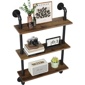 TEN49 Industrial Pipe Floating Shelves Set Of 2 | 24" Wide Real Wood, Light Walnut, Farmhouse Decor
