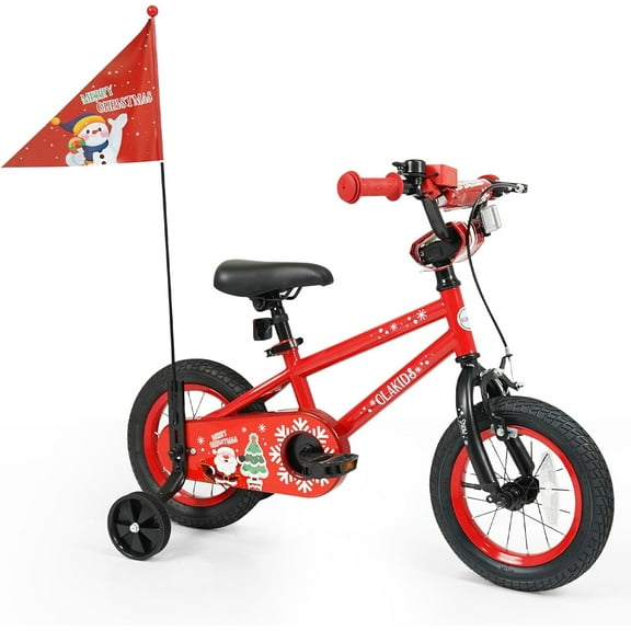 OLAKIDS Kids Bike, 12 14 16 18 Inch Christmas Theme Toddler Children Bicycle with Music Box Flag Training Wheels Adjustable Seat Handbrake Coaster Brake Safety Bell