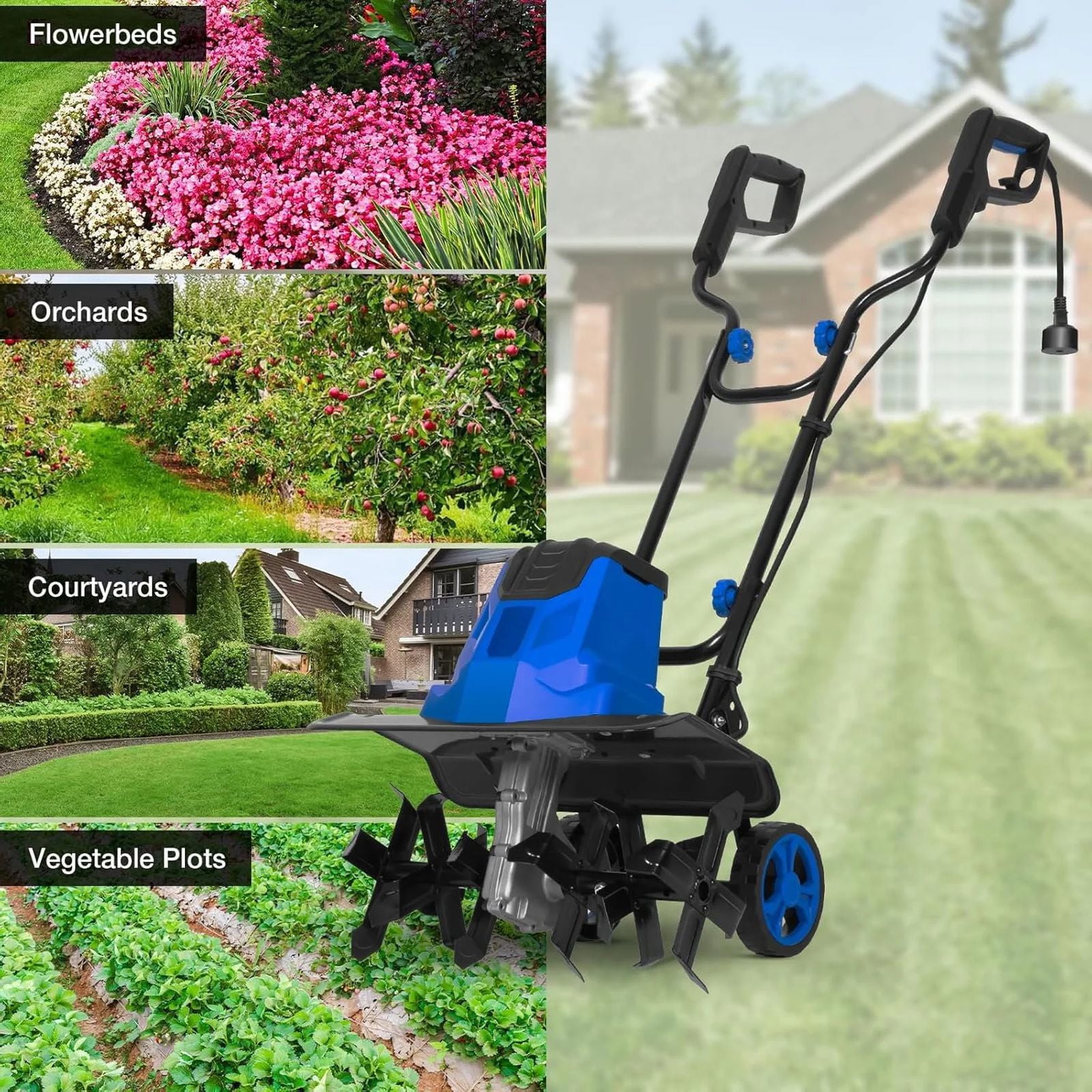 ANLIBATT 16 Inch Corded Electric Tiller 120V 13.5 Amp, 8 Inch Tilling Depth, Foldable Handle, Adjustable Wheels Cultivator for Garden Soil Digging