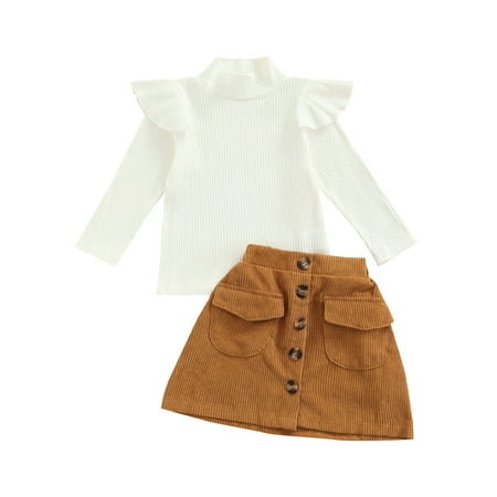 

Girls Skirt Set Kids Long Sleeve Turtle Neck Ribbed Solid Tops High Waist Buttoned Skirt with Pocket