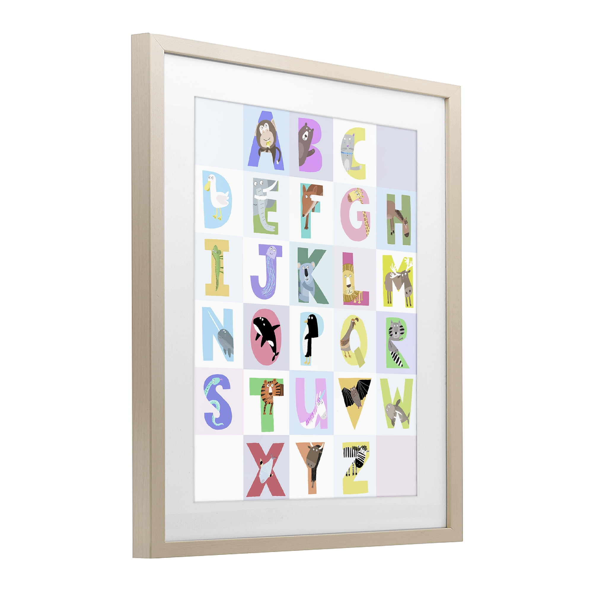 Stupell Industries Animal Alphabet in Light Grey Birch Framed Print Under Glass, design by Carla Daly