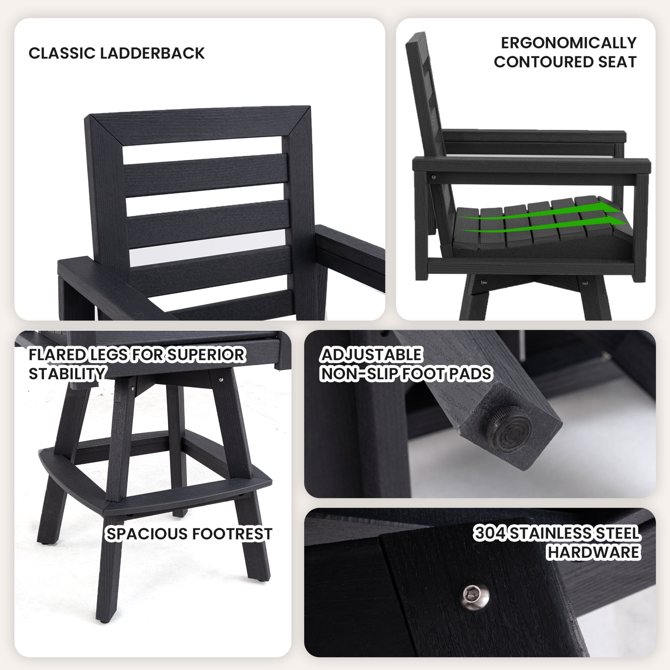 Noble House Outdoor Swivel Bar Stool, HDPE Wood Grain Ladderback Patio Chair with Footrest for Deck, Poolside, Black