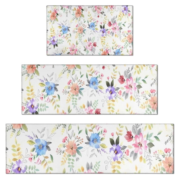 Pioneer Flower Floral Print Pattern Kitchen Rugs Sets Of 3,Kitchen Runner Rugs Non Skid Washable,Decorative Kitchen Floor Mats for Kitchen,Sink,Laundry,17"x30" 17"x47" 17"x59"