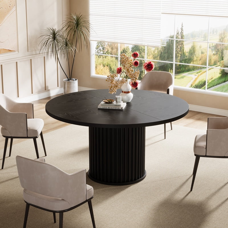 Tribesigns Round Dining Table for 4-6 People, 47.24-Inch Circle Wood Kitchen Table with Sturdy Fluted Metal Base, Modern Dining Room Furniture, Black