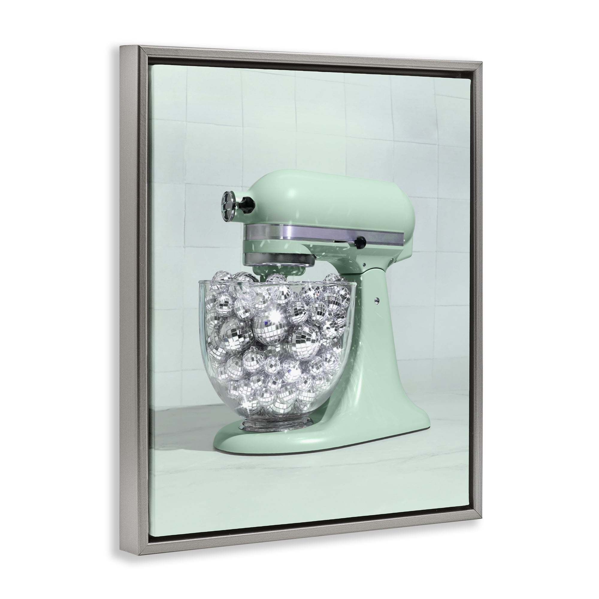 Stupell Industries Disco Kitchen Mixer over Green Gray Framed Floater Canvas Wall Art, design by LISH Creative