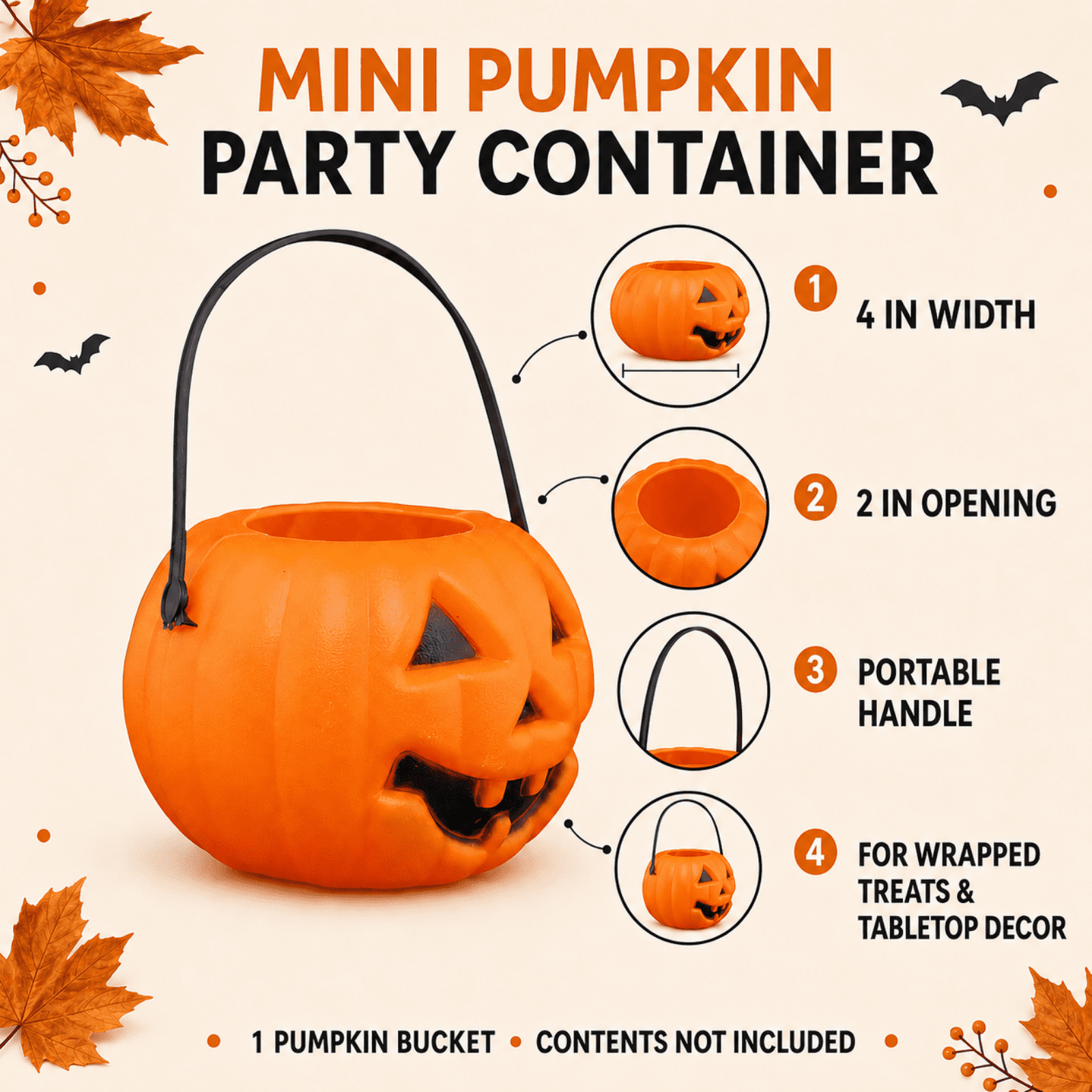 Kids Halloween Pumpkin Bucket - Durable Plastic Trick or Treat Candy Pail with Handle for Costume Accessories & Party Favors (4" Orange Basket)