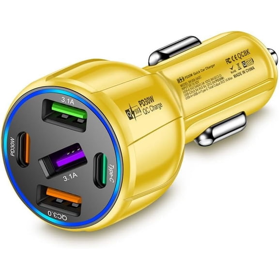 CoolStuff 5-Port 75W USB C Car Charger, PD30W & QC3.0 Fast Charging Cigarette Lighter USB Charger Adapter for iPhone/Android/Samsung/iPad (Yellow)