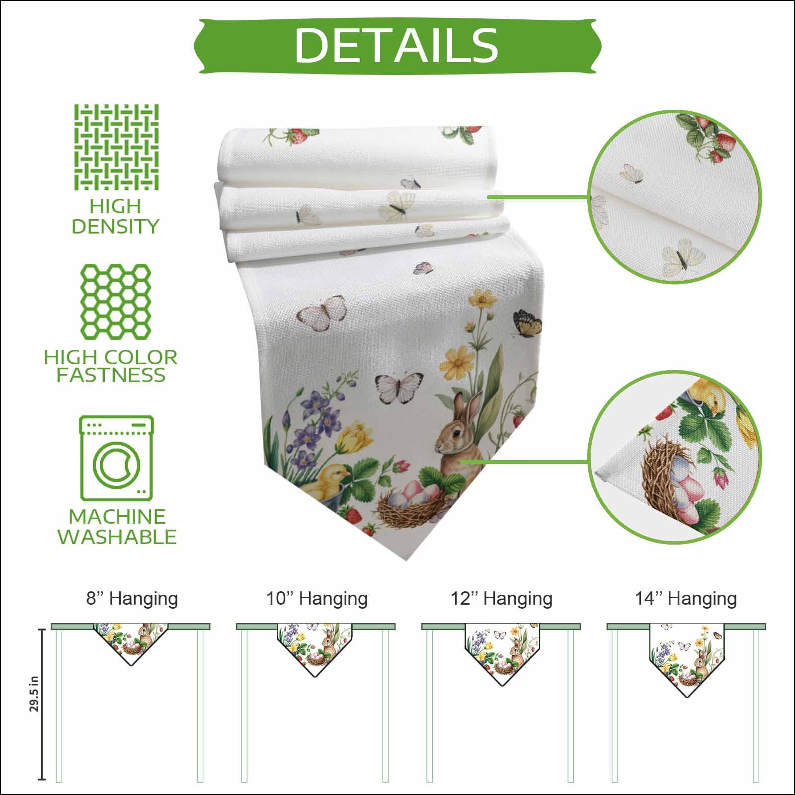 Spring Easter Table Runner Linen Burlap Table Runner 108 Inches Long Country Bunny Chick Floral Butterflies Watercolor Dresser Scarves for Kitchen Island Coffee Dining Party Holiday Decor 13"x108"