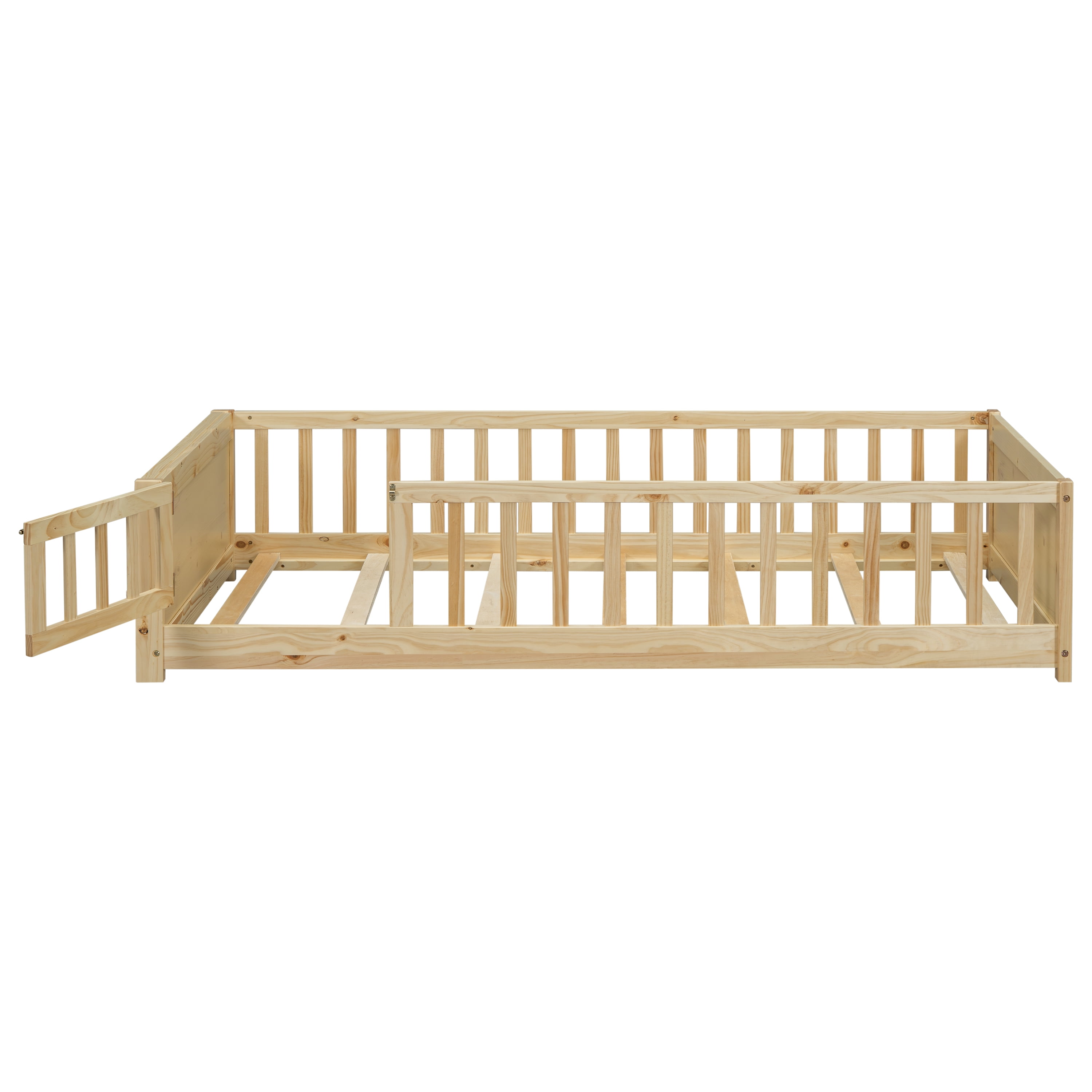 Miniyam Floor Bed, Twin Size Platform Bed Frame with Built-in Book Storage Rack, Door, Natural