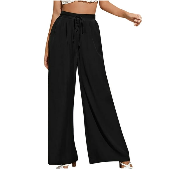Womens Wide Leg Pants Summer Solid Color Pocket Elastic Waistband Baggy Pants Casual Womens Trousers Flowy Pants
