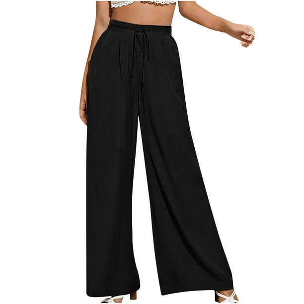 Palazzo Pants for Women Summer Casual Flowy Trousers Solid Color High  Waisted Wide Leg Long Pants with Drawstring 
