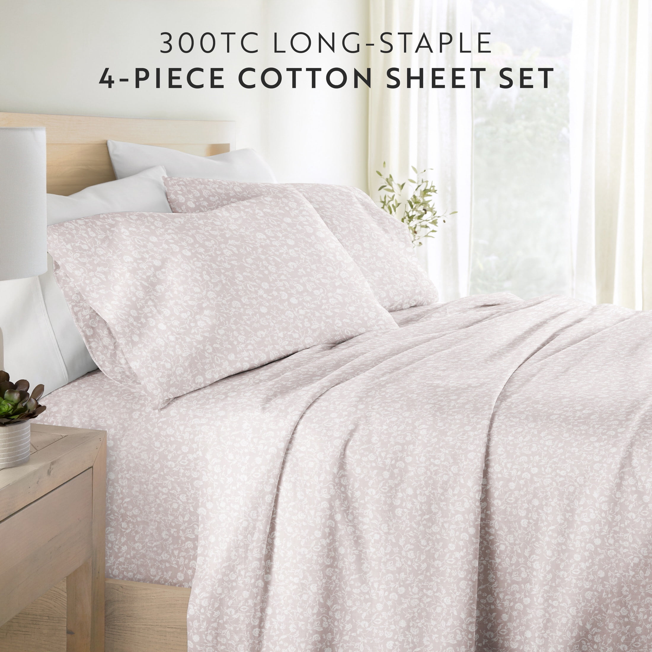 Noble Linens 4 Piece 300TC Cotton Printed Sheets, Rustic Jacobean Mauve, Queen