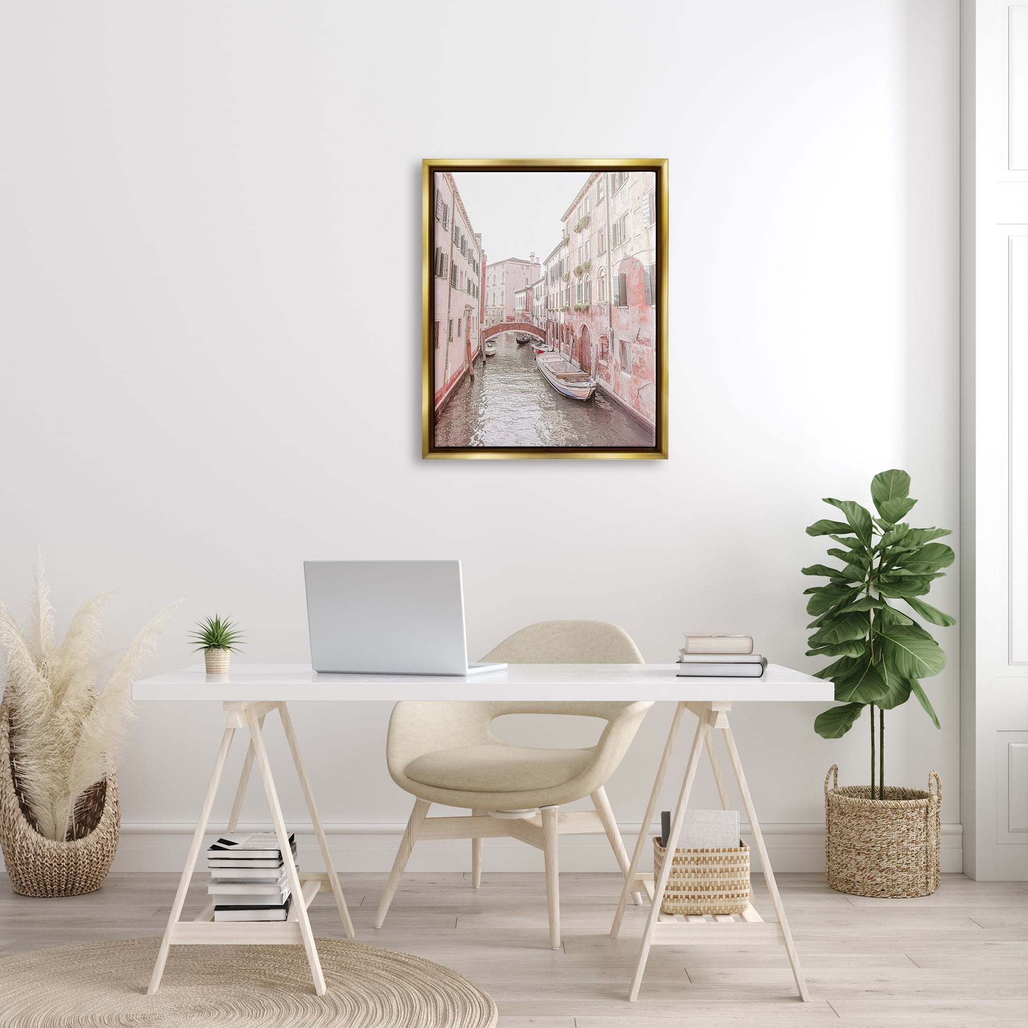 Stupell Industries Canal Boat City Water Bridge Town & City Photography Gold Floater Framed Art Print Wall Art