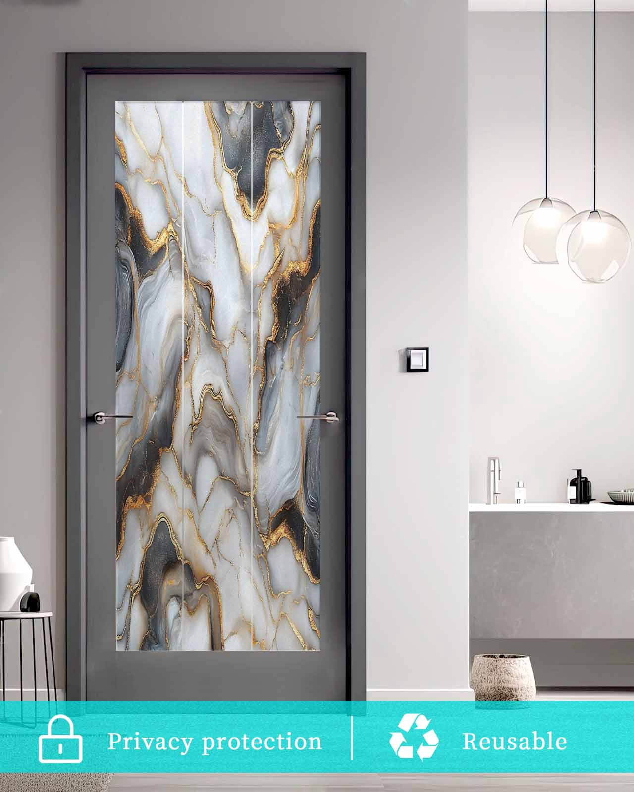 Window Privacy Film Black Golden Marble Stained Glass Window Film Decorative Sun Block Window Cover Modern Minimalism Abstract Window Clings Static Adhesive Sticker for Bathroom 29.5"x78.7"