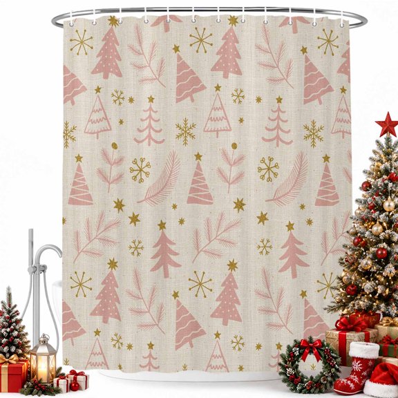Merry Christmas Tree Seamless Sketch Shower Curtain for Bathroom, Pink Stripe on Linen Waterproof Shower Curtains Washable Quick Dry with Hooks Bathtub Curtains 36x72IN
