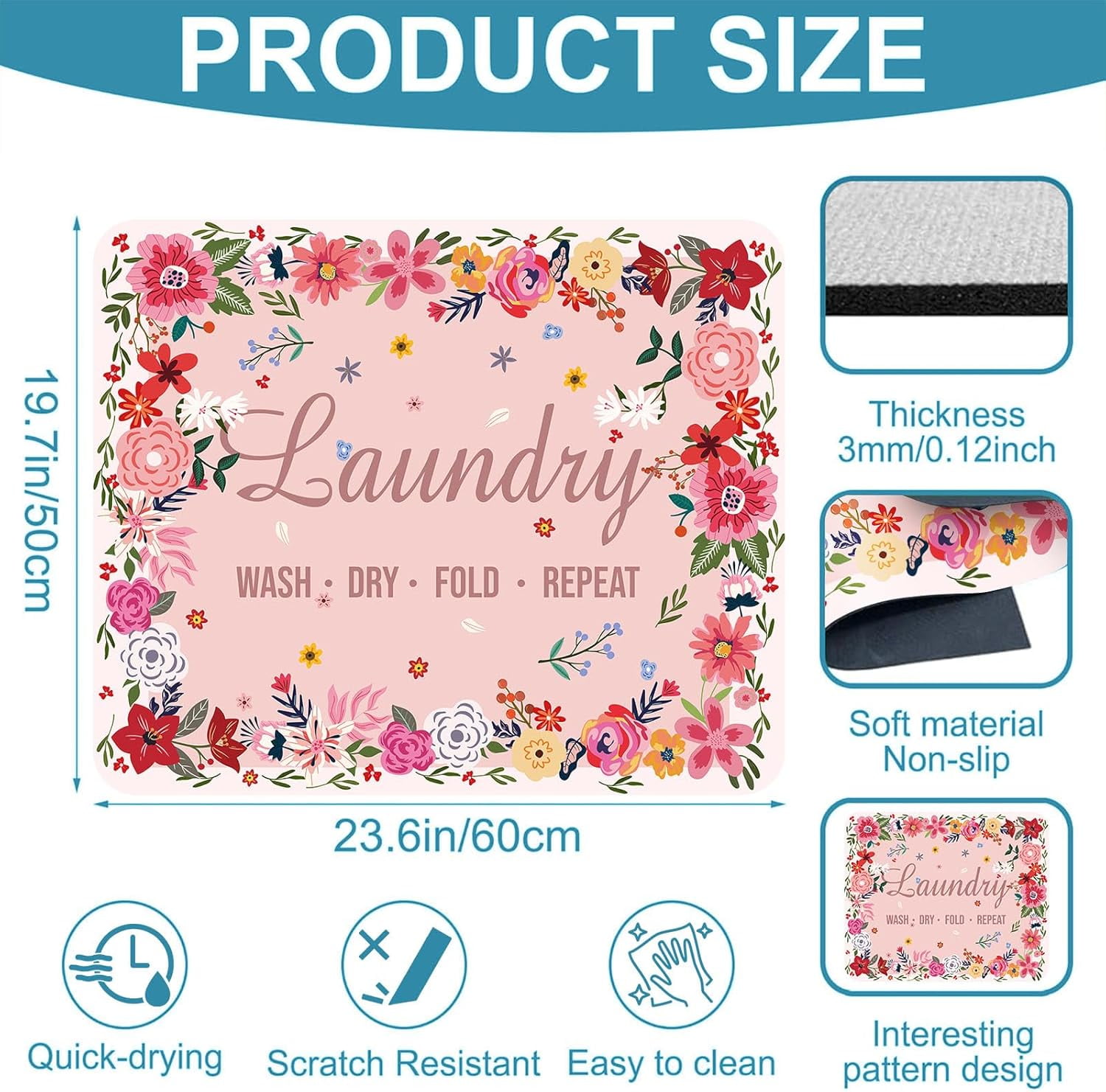Non-Slip Washer & Dryer Top Cover Protector Mat Dust-Proof Washing Machine Cover Pad With Pink Floral Laundry Sign Design Universal 23.6"x19.7" for Laundry Room & Kitchen Decor