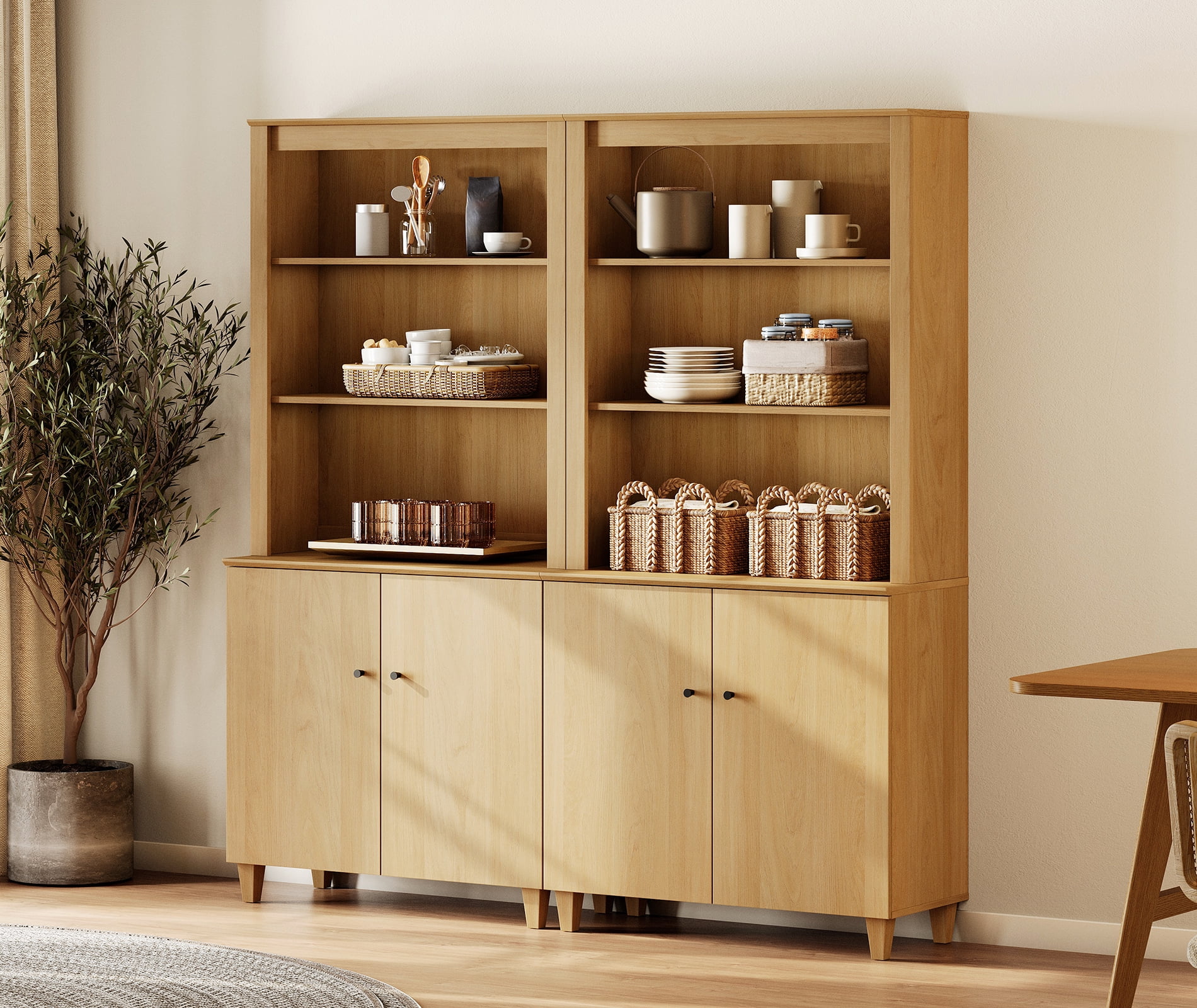 WAMPAT Modern 71" Tall Pantry Cabinet with Doors and Adjustable Shelves for Dining Room, 2-Column 5-Tier, Oak Wood