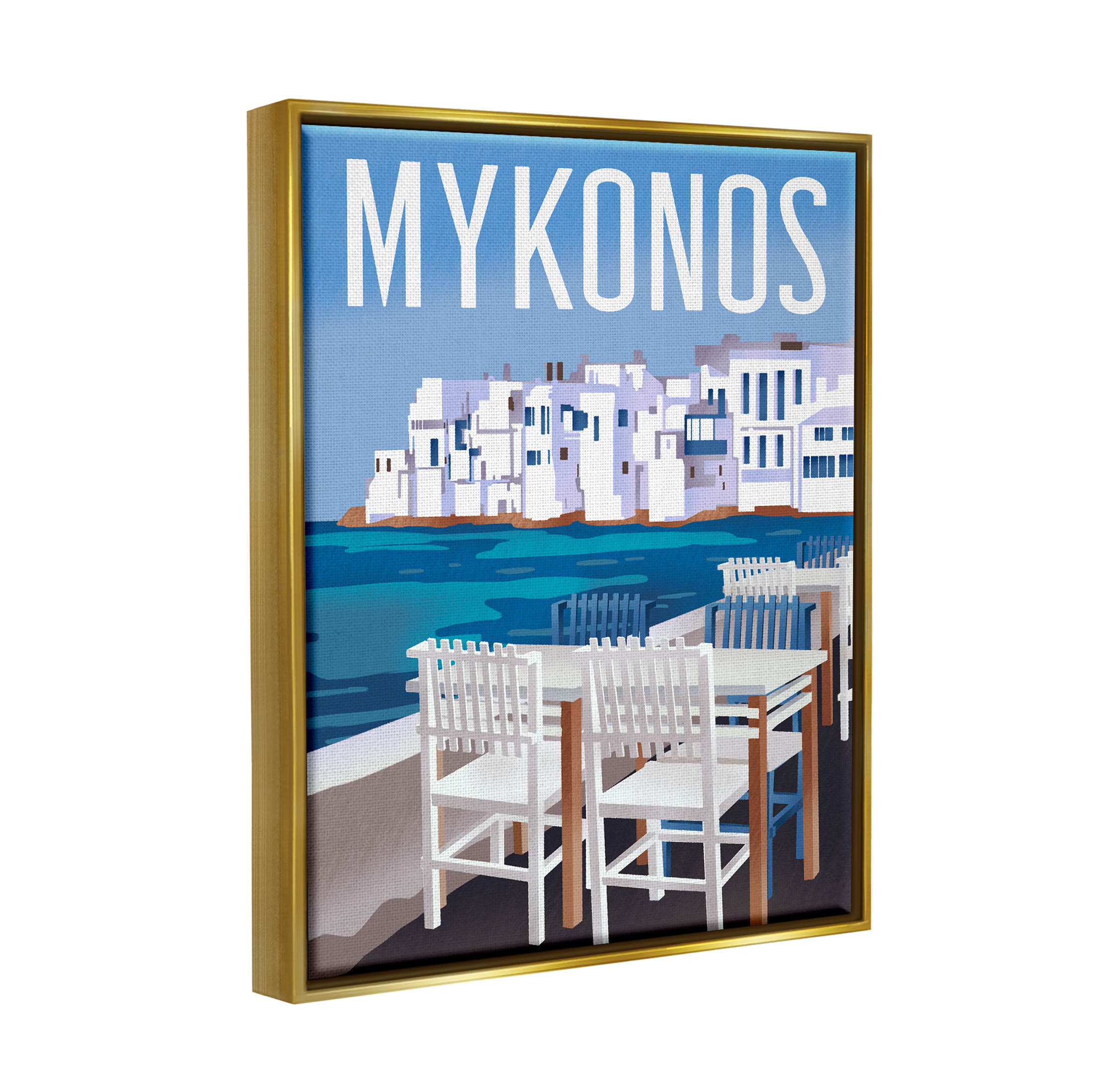 Stupell Industries Mykonos Seaside Vacation Graphic Art Metallic Gold Floating Framed Canvas Print Wall Art, Design by Ziwei Li