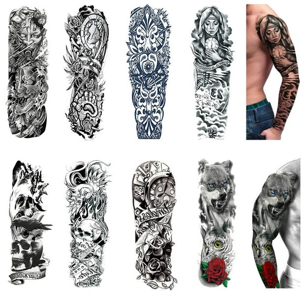 Temporary Tattoo Sleeves 8 Sheets Large Fake Black Full Arm Tattoo Stickers Walmart Com Walmart Com