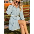 thumbnail image 4 of Women'S Vintage Washed Denim Loose Casual Long Sleeve Raw Edge Dress Light Blue L, 4 of 9